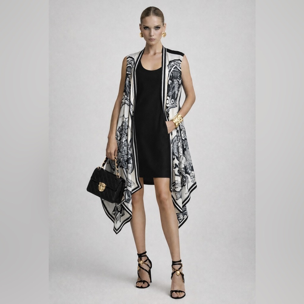 DKNY silk black & white floral & leopard print open front vest cardigan M/L